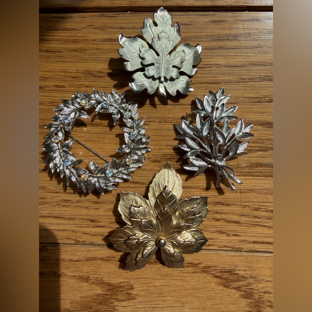 Vintage Leaf Brooch Lot. Gold & Silver Tone Metal Nature Theme. See description.
